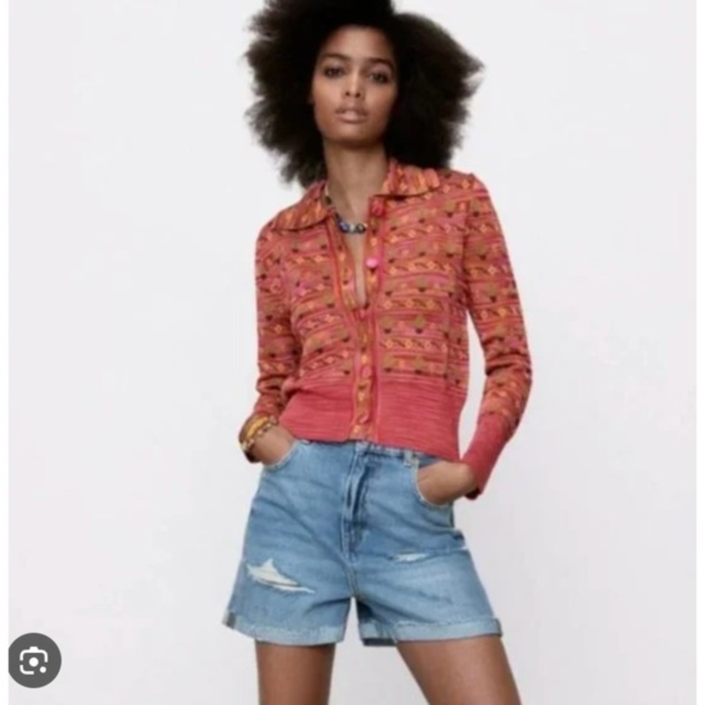 Zara Womens Jacquard Knit Cactus Floral Cardigan Red Pink Collared Sweater Small